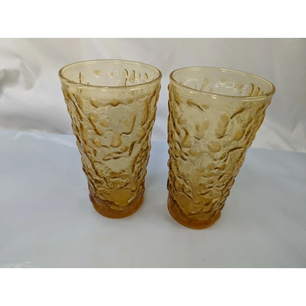 Anchor Hocking Crinkle Amber Glass Cup Tumbler‎ Lot of 2